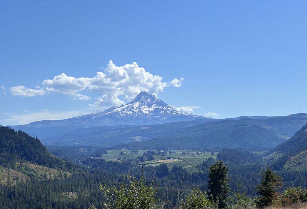 Mountain view with blue sky and clouds over a green valley