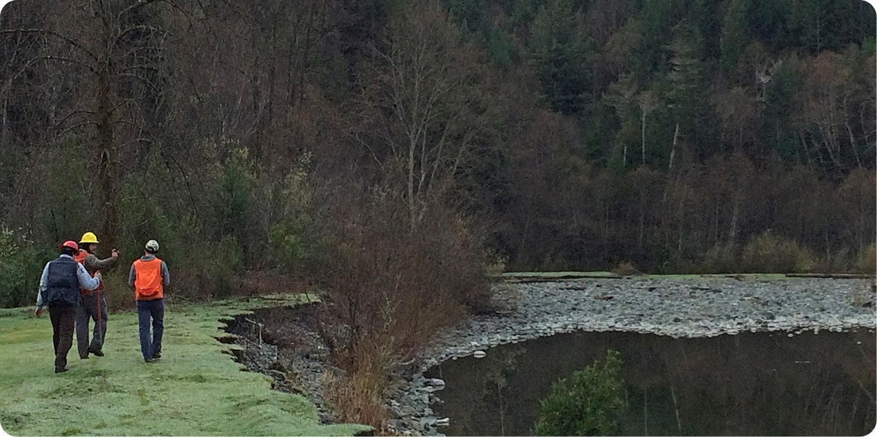 Three people in protective clothing working in a forrest near a river